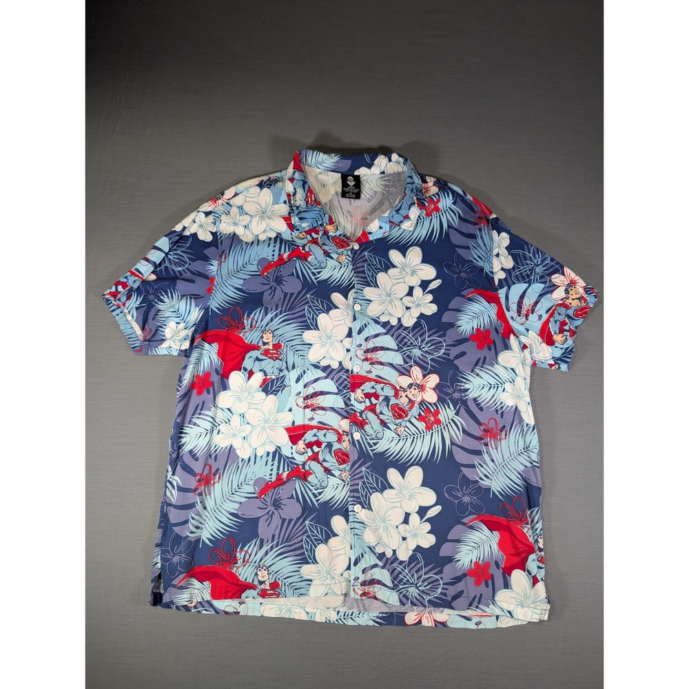 DC Comics Superman Tropical Floral Rayon Button Down Shirt Blue XXL Hawaiian